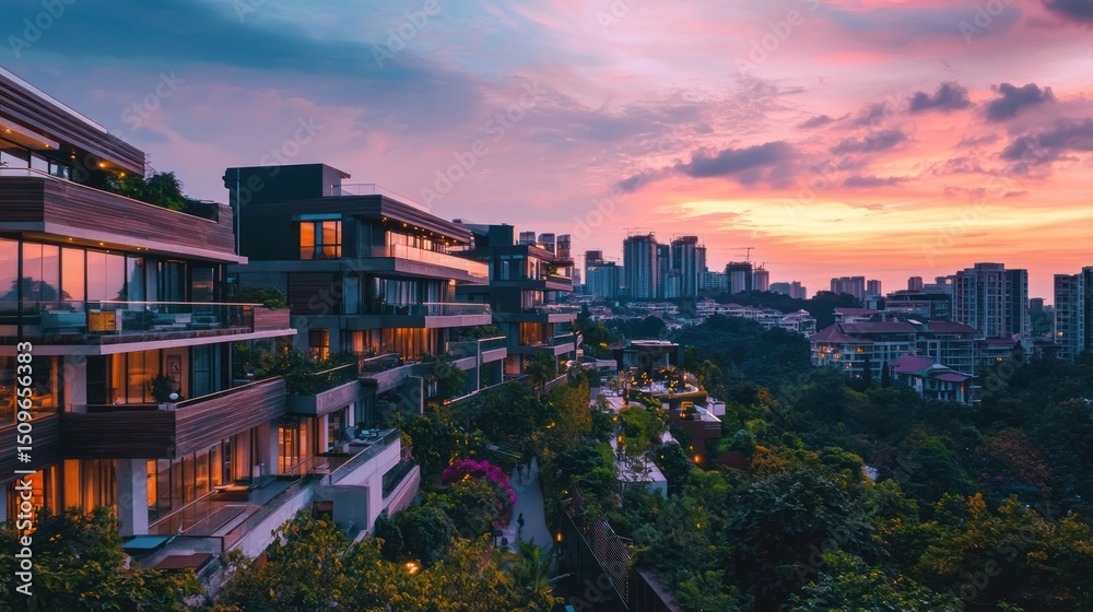 Obraz premium Modern residential buildings set against an amazing sunset landscape