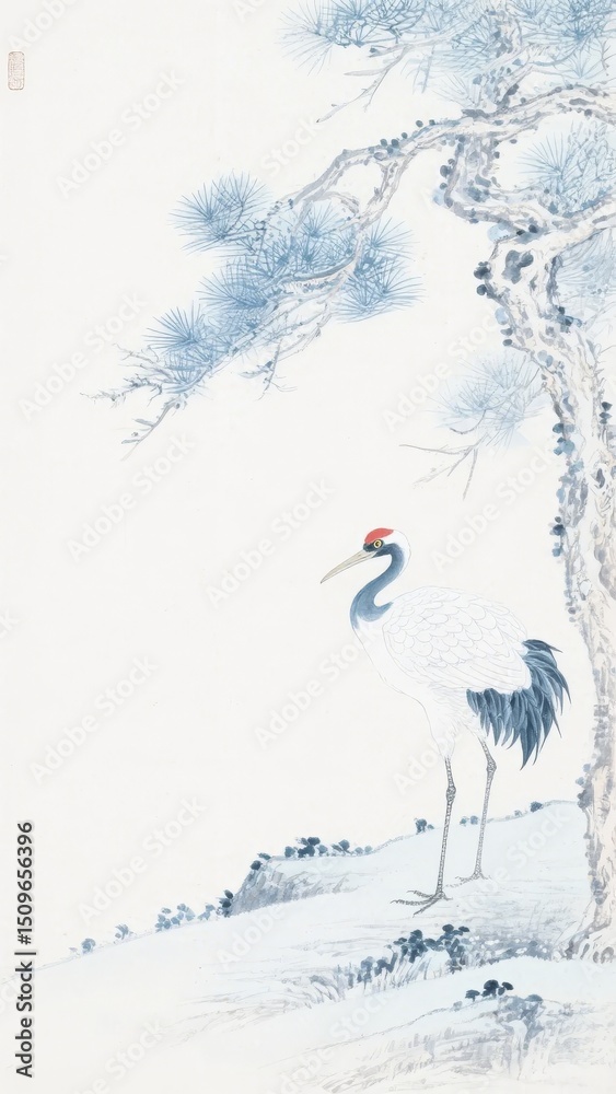 Obraz premium Elegant Crane Under a Snowy Pine Tree