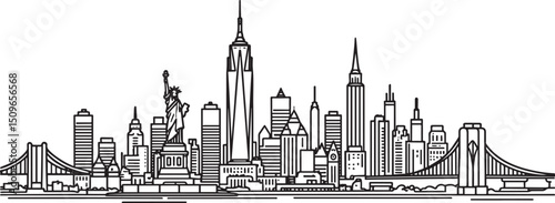 clean and minimalistic black line art illustration of the New York City skyline on a pure white background