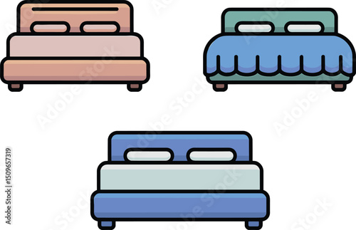 Set of three colorful modern bed icons with pillows and blankets, cozy bedroom furniture illustrations, home interior design elements, vector style,