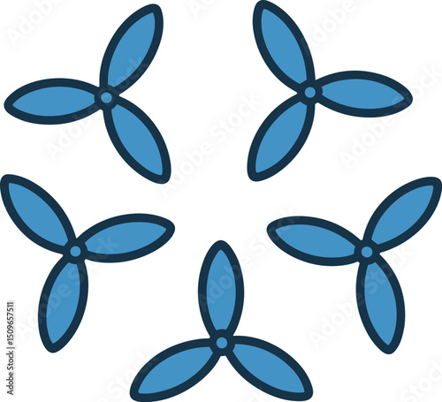 Set of five blue propeller-like pinwheel icons, abstract minimalist flower shapes, clean vector illustration for design, patterns, and graphics usage
