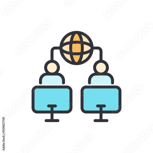 Global Communication Network With Connected People Via Computers Icon