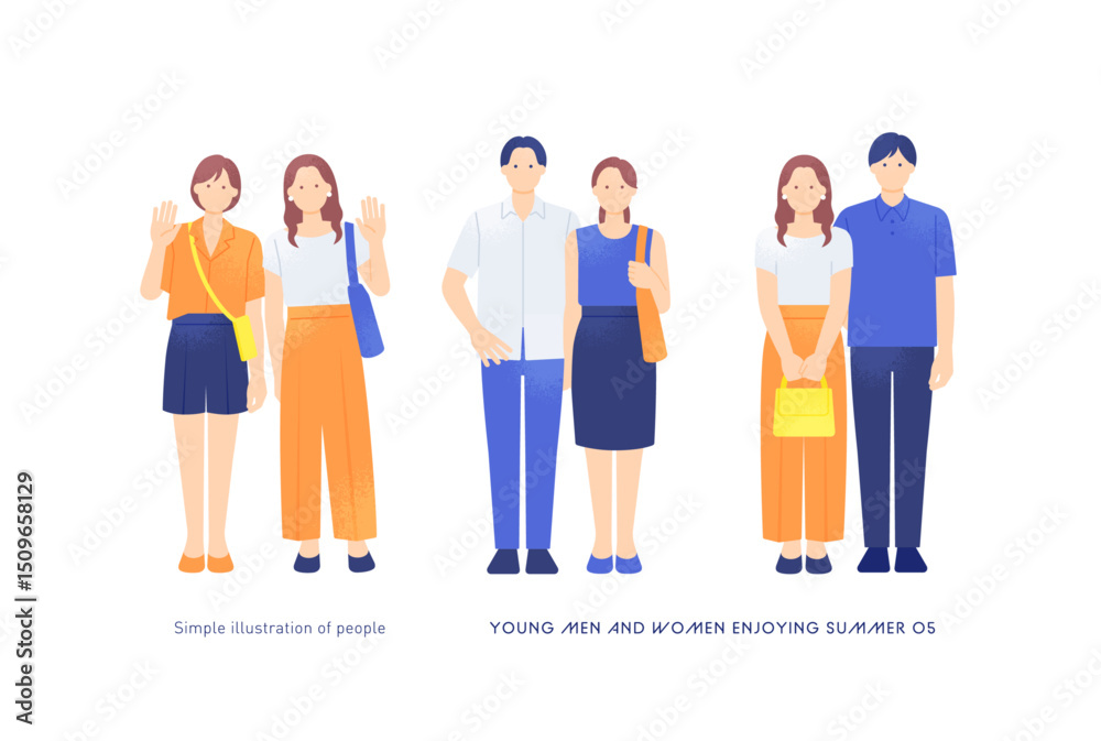 Fototapeta premium 夏のお出かけを楽しむ若者 カジュアルな装いのカップルと仲良し女子二人のベクターイラストセット
