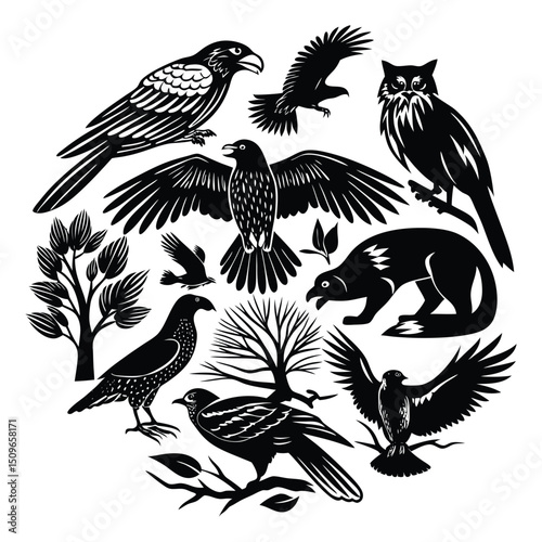 Majestic eagle, falcon, bird, and hawk silhouette in flight with outstretched wings—symbol of power, freedom, and grace in bold, striking animal form.

