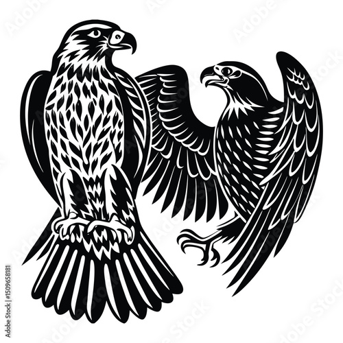 Silhouette of a powerful eagle-falcon bird in flight, wings spread wide, showcasing strength, grace, and freedom against a clear sky.
