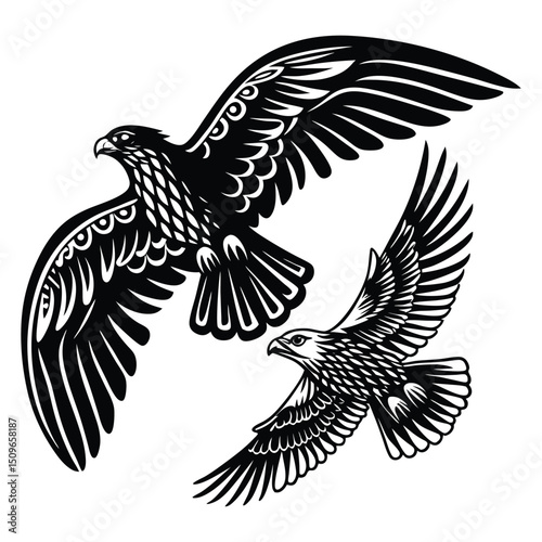 Silhouette of a powerful eagle-falcon bird in flight, wings spread wide, showcasing strength, grace, and freedom against a clear sky.
