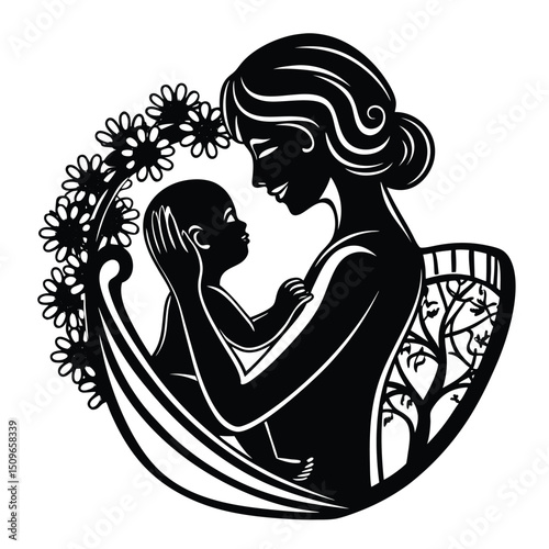 A heartwarming silhouette of a mother gently holding her baby, capturing the bond of love, care, and tenderness between parent and child in a timeless moment.
