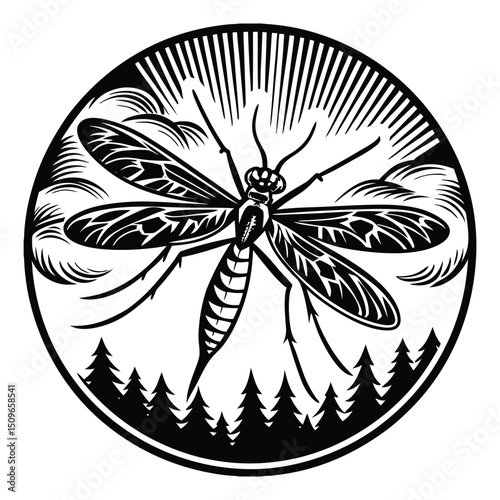 Silhouette of a flying and sucking mosquito with extended proboscis, delicate wings, and long legs—capturing the insect’s stealthy and agile form in mid-air.

