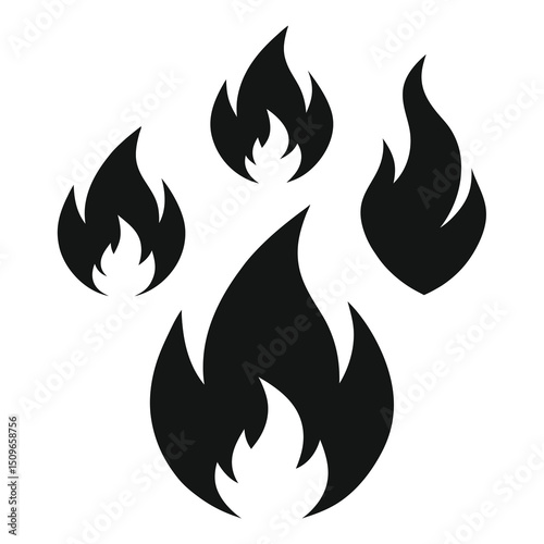 Set of black fire flames icons isolated on white background for design and decoration elements