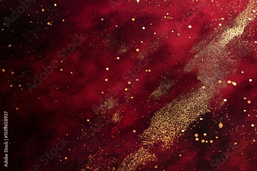 Luxurious abstract background with rich red hues and scattered gold glitter particles for sophisticated designs