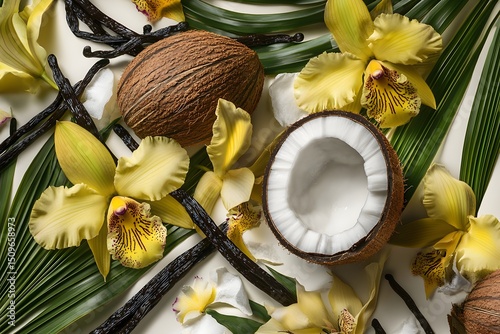 Luxurious arrangement of tropical ingredients coconut vanilla beans and yellow orchids