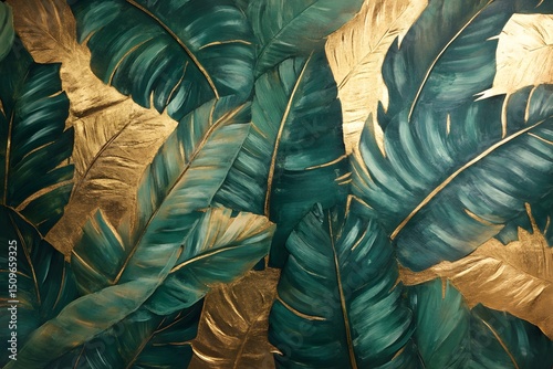 Luxurious hand painted tropical banana leaves with gold accents and deep green hues