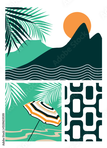 Graphic style art representing the waterfront of the city of Rio de Janeiro, Brazil.