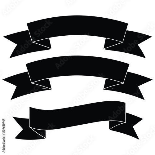 Three black banner ribbons isolated on white background for design and communication concepts