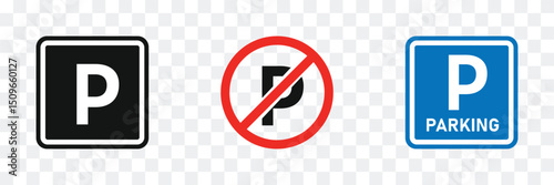 Parking icon set on transparent background. No parking allowed sign Icon. Public parking and parking location symbol.
