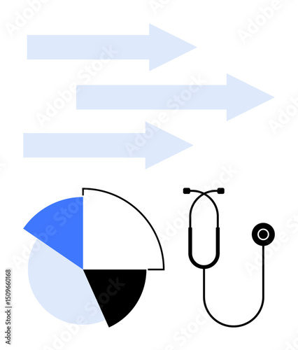 Upward arrows, pie chart, and stethoscope together convey progress in healthcare data, growth, medical statistics. Ideal for health tech, data strategy, analysis, innovation growth diagnostics