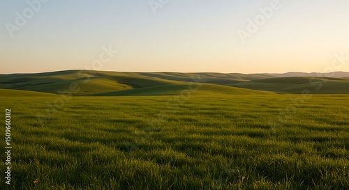 Serene Rolling Hills Landscape at Sunset Lush Green Fields and Gentle Slopes