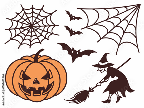 Halloween background design in vector with fun scary symbols. Ghost, pumpkin, bat, candy, cat, skull, coffin, grave, and spider in spooky cute style.

