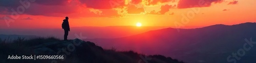 A lone figure silhouetted against a vast, sunset-tinged landscape, contemplating the horizon The feeling is one of solitude, introspection, and the immensity of nature , field, freedom, calm