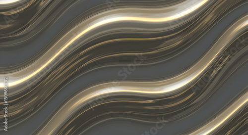 Abstract wavy background, gold and gray colors, 3D render, modern design