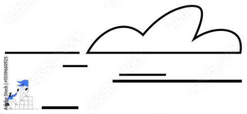 Builder wearing safety gear working on construction site with geometric blocks, overlooking abstract cloud linework. Ideal for teamwork, creativity, construction, minimalism, innovation, planning