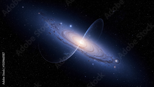 The image shows an artist's impression of a spiral galaxy with a black hole in the center