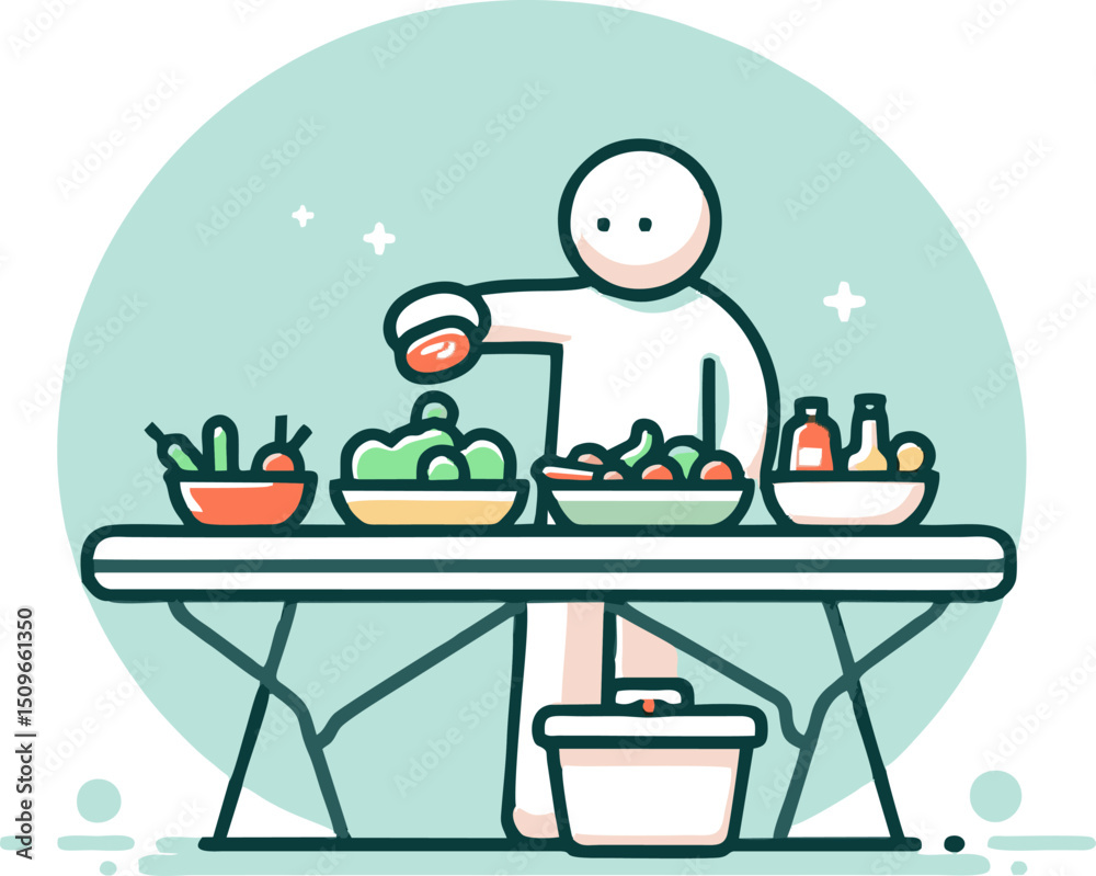 Fototapeta premium Simple Line Art Illustration of Person Preparing a Salad Bar