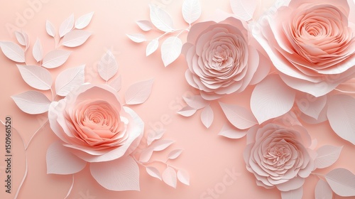 Delicate paper roses and leaves on a pastel background.