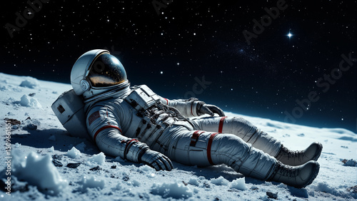 The image shows an astronaut laying on the moon