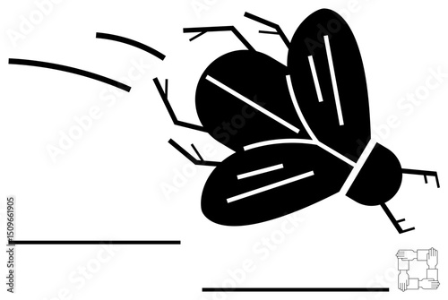Black fly in center with motion lines suggesting rapid movement. Bold, angular shapes emphasize minimalism. Ideal for biology, nature, speed, motion, flight activity energy concepts. Flat simple