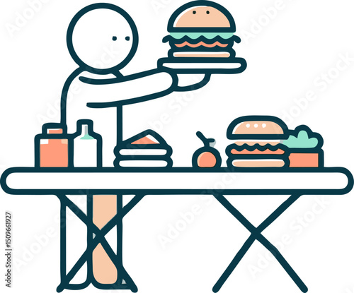 Simple Line Art Illustration of Person Serving Burgers and Condiments at a Table