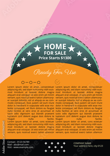 Modern real estate promotional materials, highlighting a "Home for Sale" with an appealing aesthetic and clear design. it has some pink and orange background.