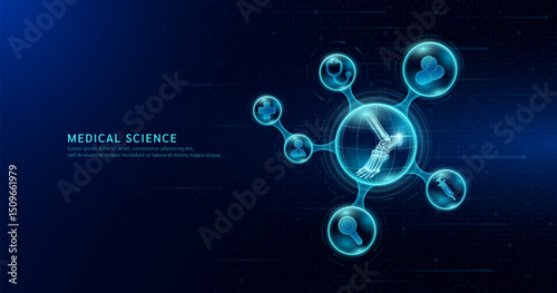 Medical science. Human ankle joint inside transparent molecule with icons doctor pill syringe stethoscope magnifying glass and plus sign. On dark blue digital technology background. Vector EPS10.