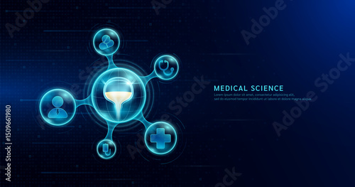 Human bladder organ inside transparent molecule with icons doctor pill stethoscope saline bag and plus sign on dark blue digital technology background. Medical science. Vector EPS10.