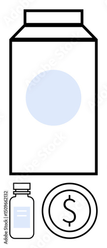 Milk carton, small medicine bottle, and dollar coin aligned vertically representing connection between nutrition, healthcare, and pricing. Ideal for healthcare, nutrition, cost comparison, economics