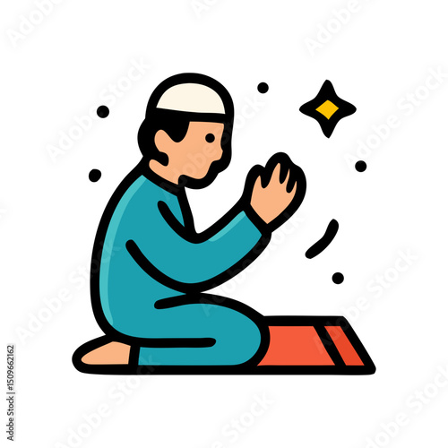 Man praying on a mat, suitable for religious and spiritual concepts, prayer practices, Islamic, Muslim and faithbased designs, meditation illustrations.