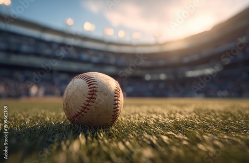 Baseball on field in stadium under sunlight photo