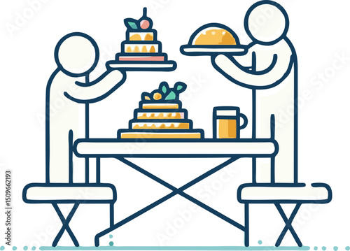 Simple Line Art Illustration of a Festive Cake-Serving Scene