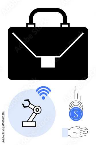Black briefcase, robotic arm with wireless signal, falling coins, and open hand symbolizing automation, innovation, business, remote work, technology, financial operations simple landing page