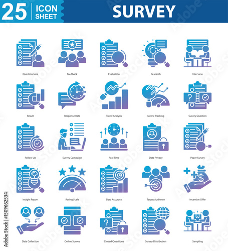 Survey icon set vector questionnaire, feedback, evaluation, research, interview, result, response rate, trend analysis, metric tracking, survey question, follow up, survey campaign, real time