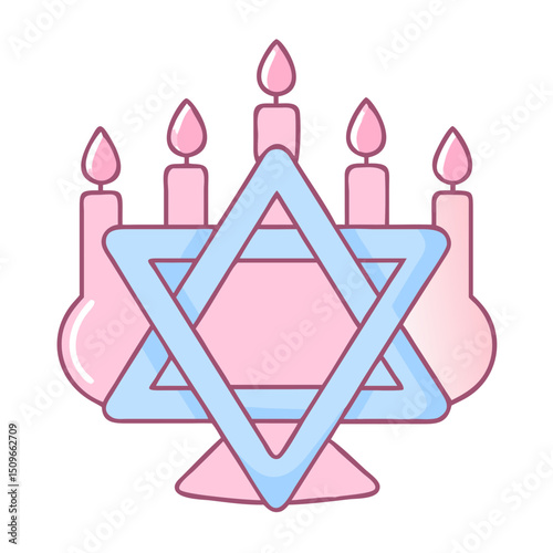 Hanukkah menorah icon with Star of David in pastel pink and blue colors