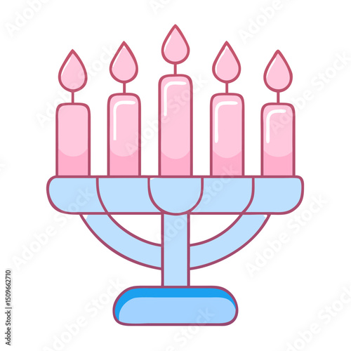 Hanukkah menorah fully lit in pastel pink and blue, flat icon for Jewish festival