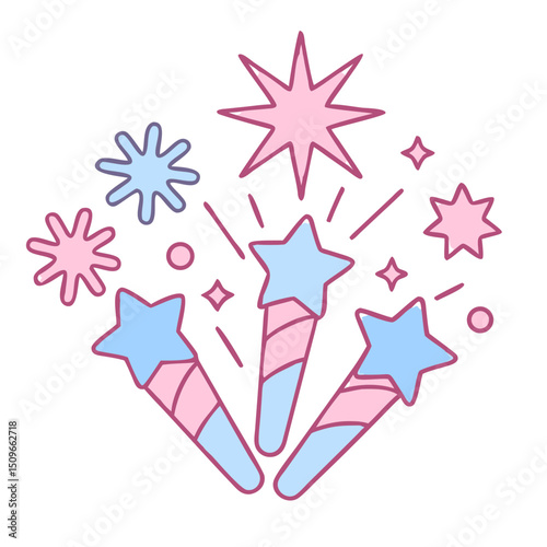 New Year fireworks icon in pink and blue pastel flat style, festive celebration