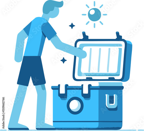 Man Opening a Cool Box on a Sunny Day - Summertime Refreshment Illustration