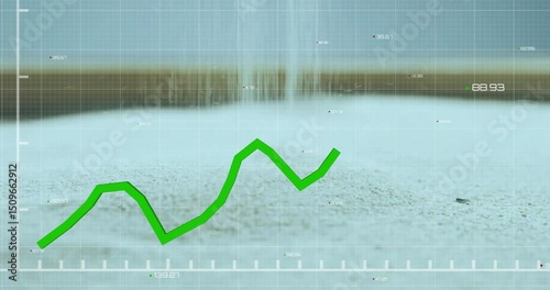 At scene start green zigzag line chart climbing, dipping and rising tracking values in grid overlay