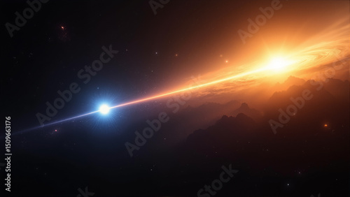 The image shows an artist's impression of a black hole in the sky with a bright light emanating from it