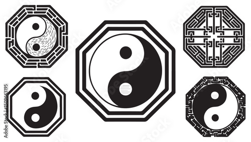 Yin yang skull symbol with music and audio icon elements in black circular vector design