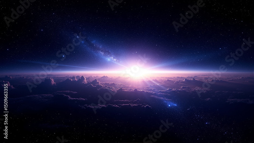 The image shows a stunning view of the sun rising above the clouds in the night sky