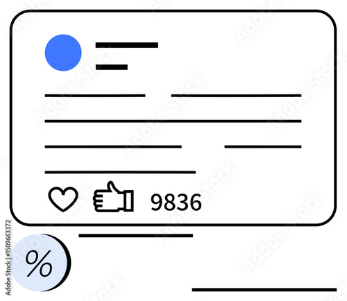 Simplistic social media post layout with a user icon, text lines, heart and thumbs up icons, engagement count, and percentage analytics. Ideal for social media, marketing, content, communication