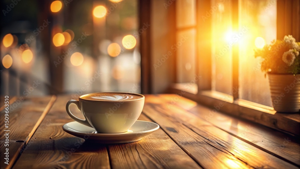 Fototapeta premium Aromatic Coffee Cup on Rustic Wooden Table by Window with Warm Sunlight